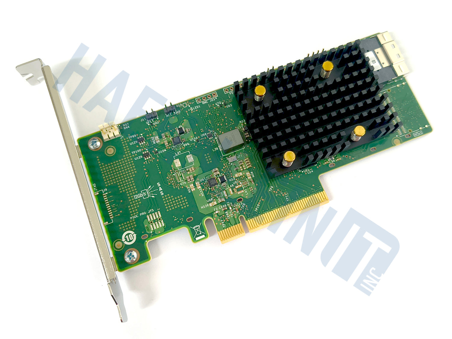 A Braodcom 9540-8i RAID controller with a large black heatsink, gold PCIe connector, one port, and full height bracket, shown on a white background with a faint HaehnleinIT Inc watermark.