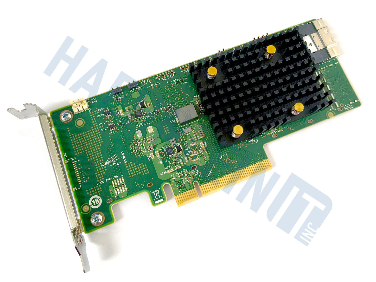 A Braodcom 9540-8i RAID controller with a large black heatsink, gold PCIe connector, one port, and low height bracket, shown on a white background with a faint HaehnleinIT Inc watermark.