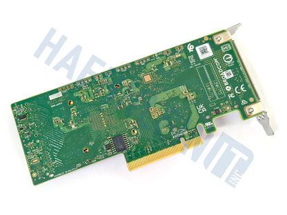 The backside of a Braodcom 9540-8i RAID controller with a  gold PCIe connector, and low height bracket, shown on a white background with a faint HaehnleinIT Inc watermark.