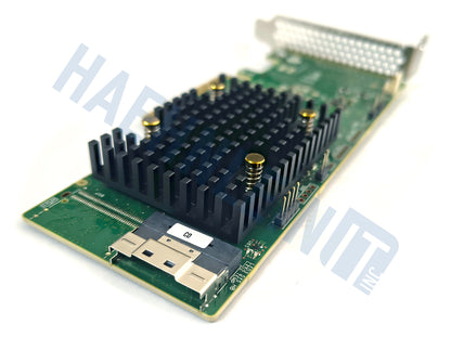 A Braodcom 9540-8i RAID controller with a large black heatsink, close up of the SlimSAS port, shown on a white background with a faint HaehnleinIT Inc watermark.