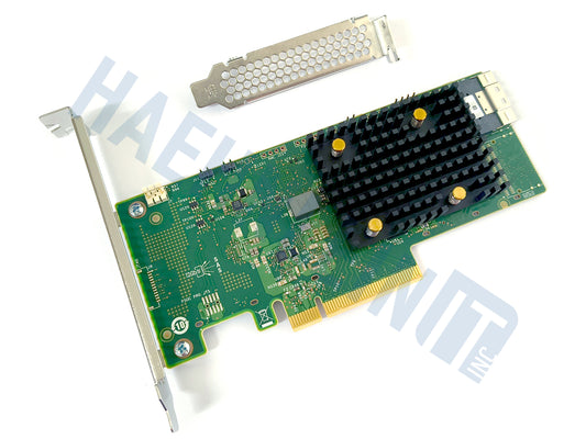A Braodcom 9540-8i RAID controller with a large black heatsink, gold PCIe connector, one port, and a separate silver metal bracket, shown on a white background with a faint HaehnleinIT Inc watermark.