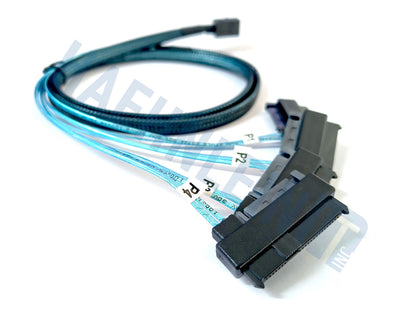 A braided black and blue miniSAS SFF-8643 to 4x SFF-8482 adapter cable, close-up of the 4 SFF-8482 connectors, shown on a white background with a faint HaehnleinIT Inc watermark.