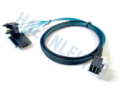 A braided black and blue miniSAS SFF-8643 to 4x SFF-8482 adapter cable, close-up of the SFF-8643 connector, shown on a white background with a faint HaehnleinIT Inc watermark.