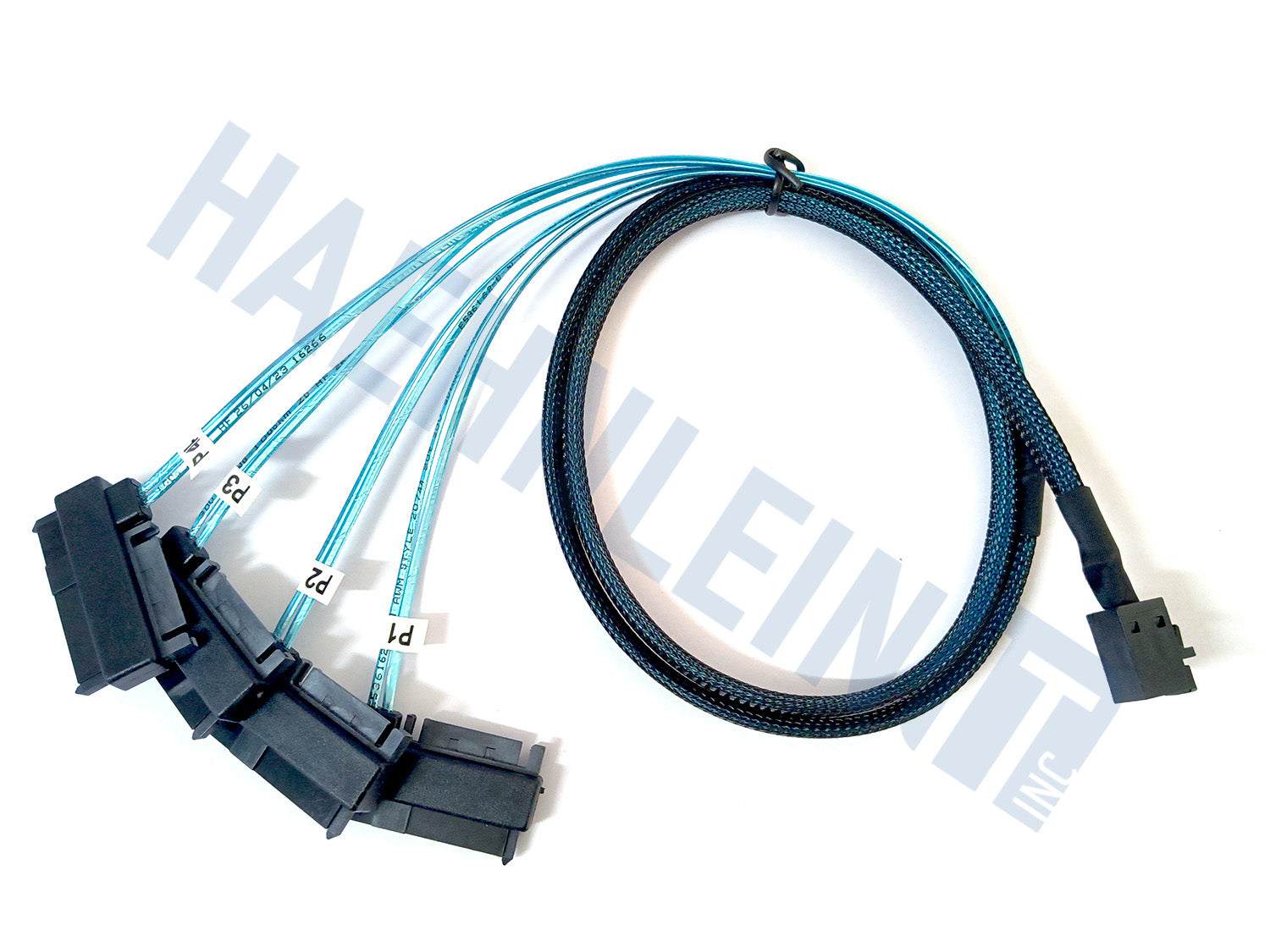 A braided black and blue miniSAS SFF-8643 to 4x SFF-8482 adapter cable, shown on a white background with a faint HaehnleinIT Inc watermark.