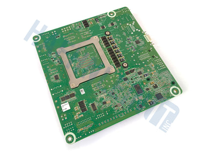 The backside of an Asrock Rack EPYC3451D412-2T motherboard: A green printed circuit board (PCB) with a large silver metal heat sink on one side, photographed on a white background with a faint HaehnleinIT Inc watermark.
