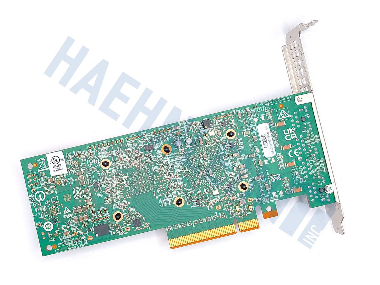 Backside of Qlogic QL41164HFRJ network adapter: A green printed circuit board card with a gold PCI Express connector and silver metal bracket, photographed on a white background with a faint watermark.