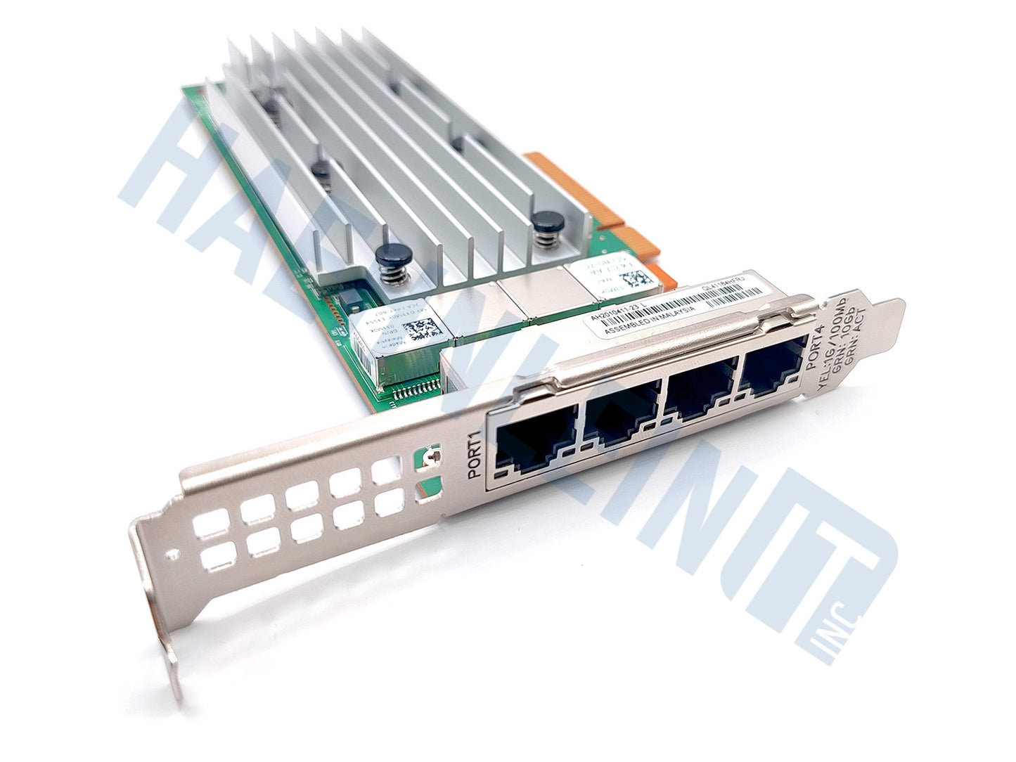 A Qlogic QL41164HFRJ network interface card with a large silver heatsink, green circuit board, and a metal port shield showing four RJ45 ports, photographed on a white background with a faint watermark.