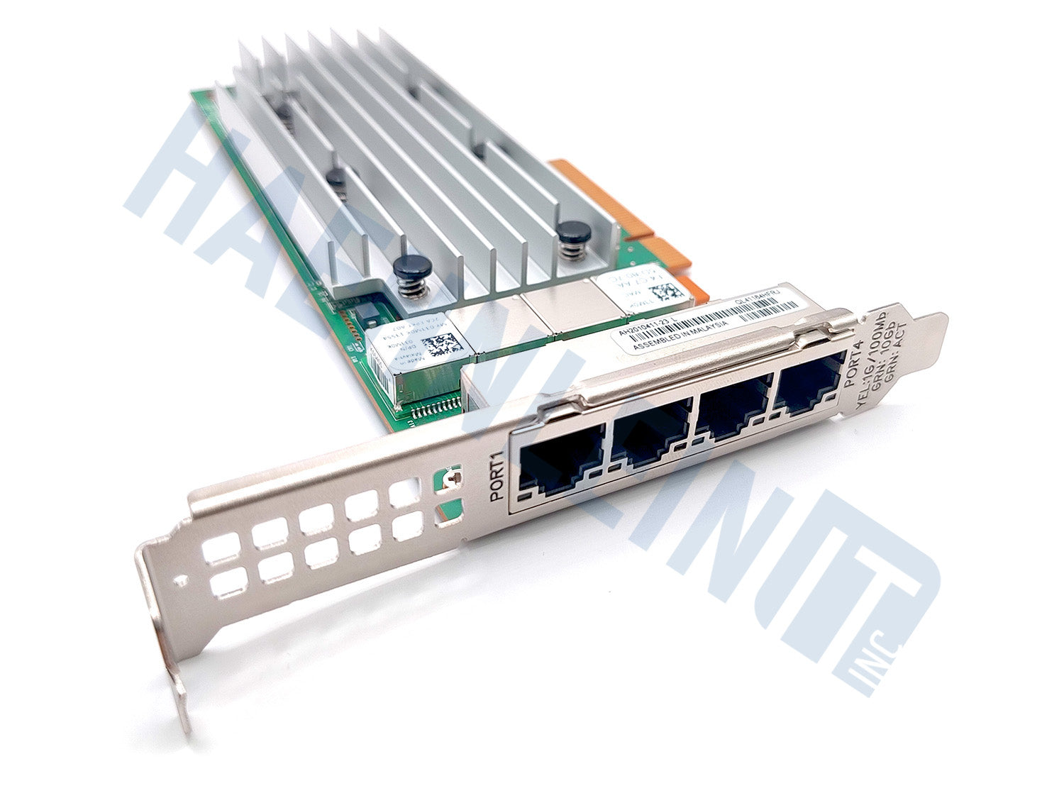 A Qlogic QL41164HFRJ network interface card with a large silver heatsink, green circuit board, and a metal port shield showing four RJ45 ports, photographed on a white background with a faint watermark.