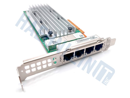 A Qlogic QL41164HFRJ network interface card with a large silver heatsink, green circuit board, and a metal port shield showing four RJ45 ports, photographed on a white background with a faint watermark.
