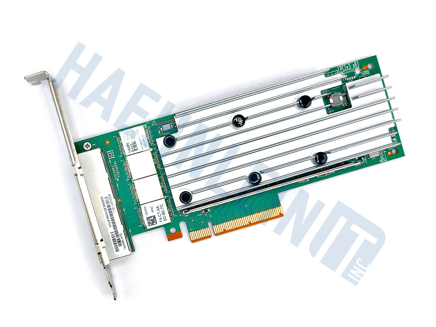 A QLogic QL41164HFRJ server network adapter with a green circuit board, a silver metal heatsink, and a gold PCI Express connector, shown on a white background with a faint watermark.