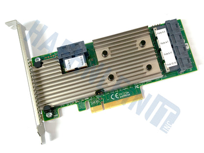 A Broadcom 9305-24i PCIe card with a large silver heatsink, 6 black SAS ports, green circuit board, and gold PCI Express connector, shown with a full height slot bracket on a white background with a faint HaehnleinIT Inc. watermark.