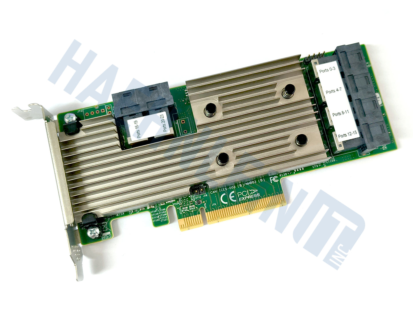 A Broadcom 9305-24i PCIe card with a large silver heatsink, 6 black SAS ports, green circuit board, and gold PCI Express connector, shown with a low profile slot bracket on a white background with a faint HaehnleinIT Inc. watermark.