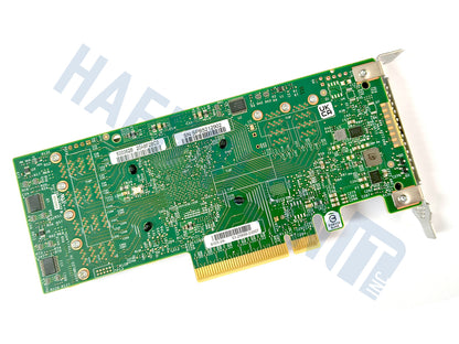 The backside of a Broadcom 9305-24i PCIe card: A green circuit board with various stickers with barcodes, and a gold PCI Express connector, shown with a low profile slot bracket on a white background with a faint HaehnleinIT Inc. watermark.
