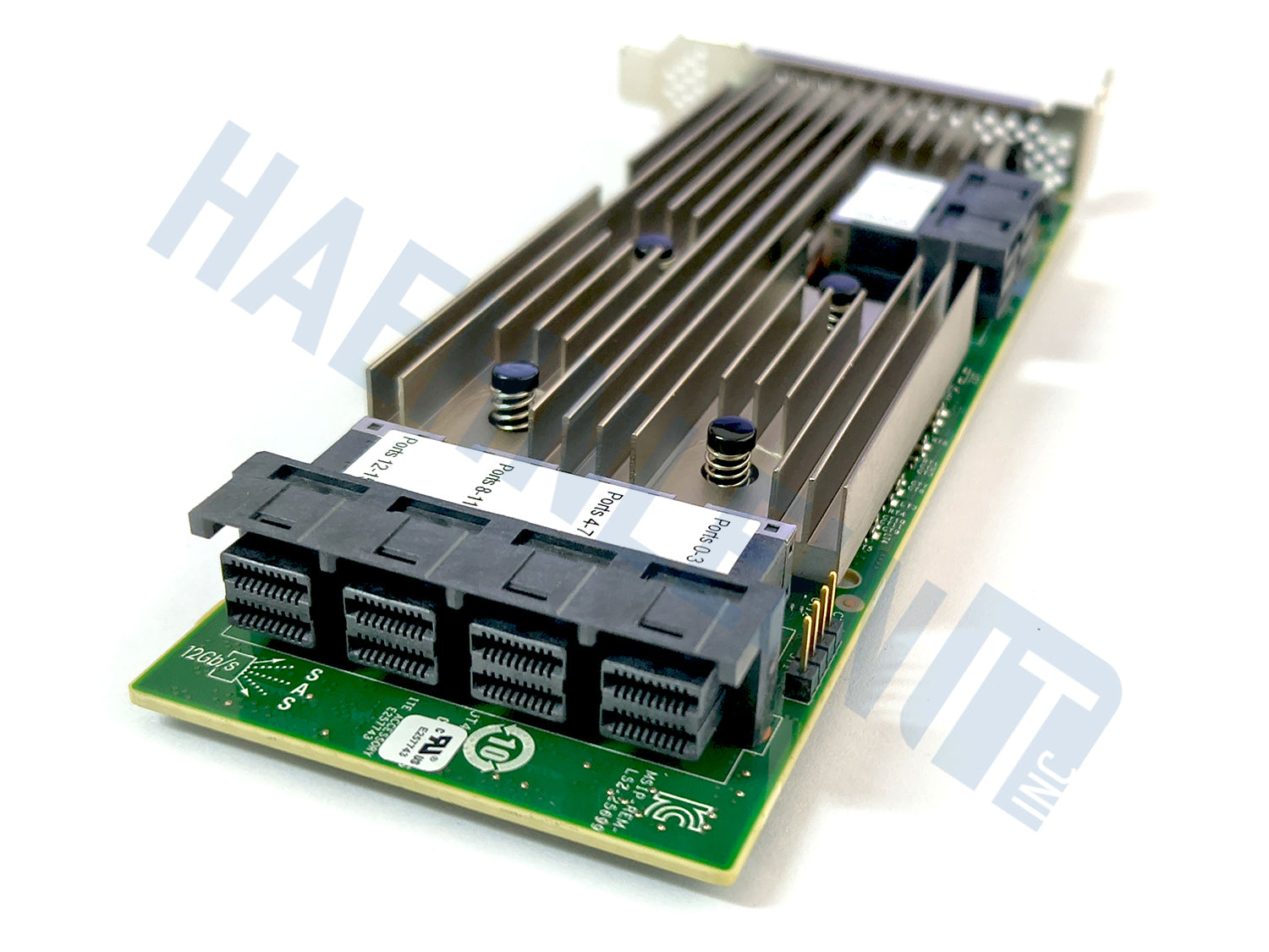 A Broadcom 9305-24i PCIe card with a large silver heatsink, green circuit board, close-up of 4 internal miniSAS ports at the back of the card, shown on a white background with a faint HaehnleinIT Inc. watermark.
