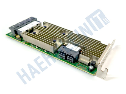 A Broadcom 9305-24i PCIe card with a large silver heatsink, green circuit board, close-up of 2 internal miniSAS ports at the side of the card, shown on a white background with a faint HaehnleinIT Inc. watermark.
