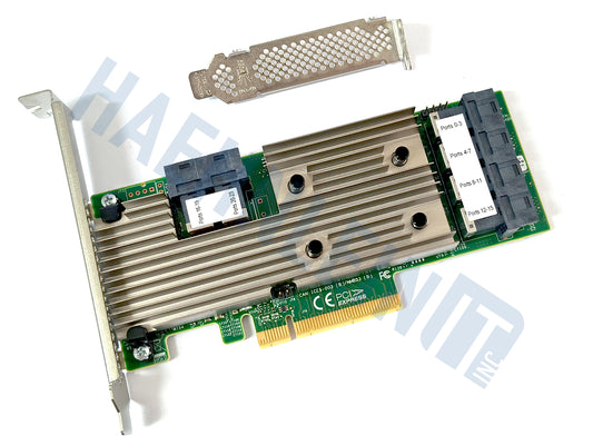 A Broadcom 9305-24i PCIe card with a large silver heatsink, 6 black SAS ports, green circuit board, and gold PCI Express connector, shown with a full height and a low profile slot bracket on a white background with a faint HaehnleinIT Inc. watermark.
