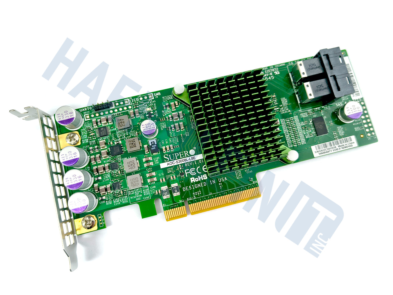 A green Supermicro AOC-S3008L-L8E PCI Express network card with a large heat sink, multiple capacitors, and a low profile metal bracket, shown on a white background with a faint HaehnleinIT Inc watermark.