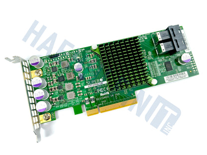 A green Supermicro AOC-S3008L-L8E PCI Express network card with a large heat sink, multiple capacitors, and a low profile metal bracket, shown on a white background with a faint HaehnleinIT Inc watermark.
