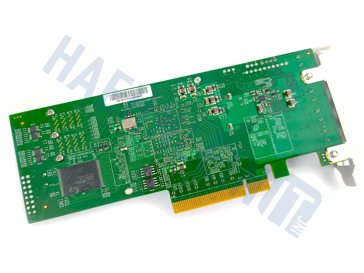 The backside of a green Supermicro AOC-S3008L-L8E PCI Express network card , shown on a white background with a faint HaehnleinIT Inc watermark.