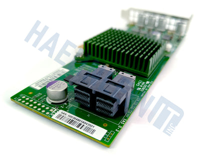 A green Supermicro AOC-S3008L-L8E PCI Express network card with a large heat sink, multiple capacitors, and a metal bracket, close-up of two miniSAS SFF-8643 ports, shown on a white background with a faint HaehnleinIT Inc watermark.