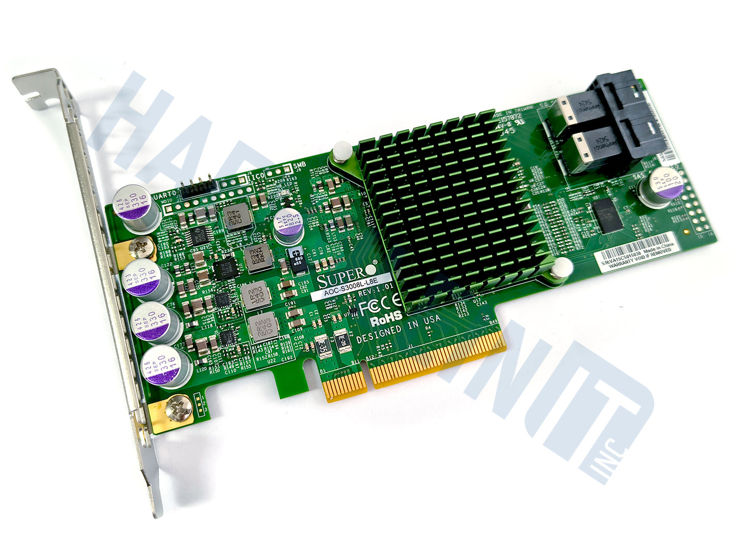 A green Supermicro AOC-S3008L-L8E PCI Express network card with a large heat sink, multiple capacitors, and a full height metal bracket, shown on a white background with a faint HaehnleinIT Inc watermark.