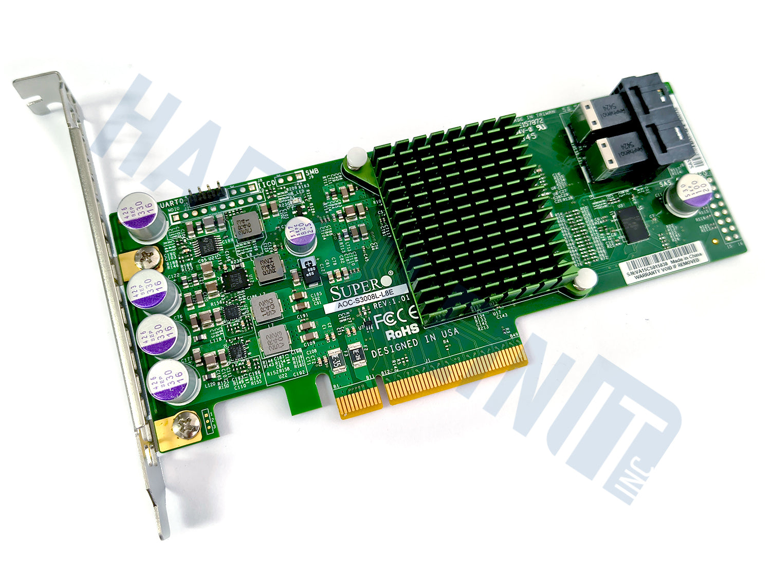 A green Supermicro AOC-S3008L-L8E PCI Express network card with a large heat sink, multiple capacitors, and a full height metal bracket, shown on a white background with a faint HaehnleinIT Inc watermark.