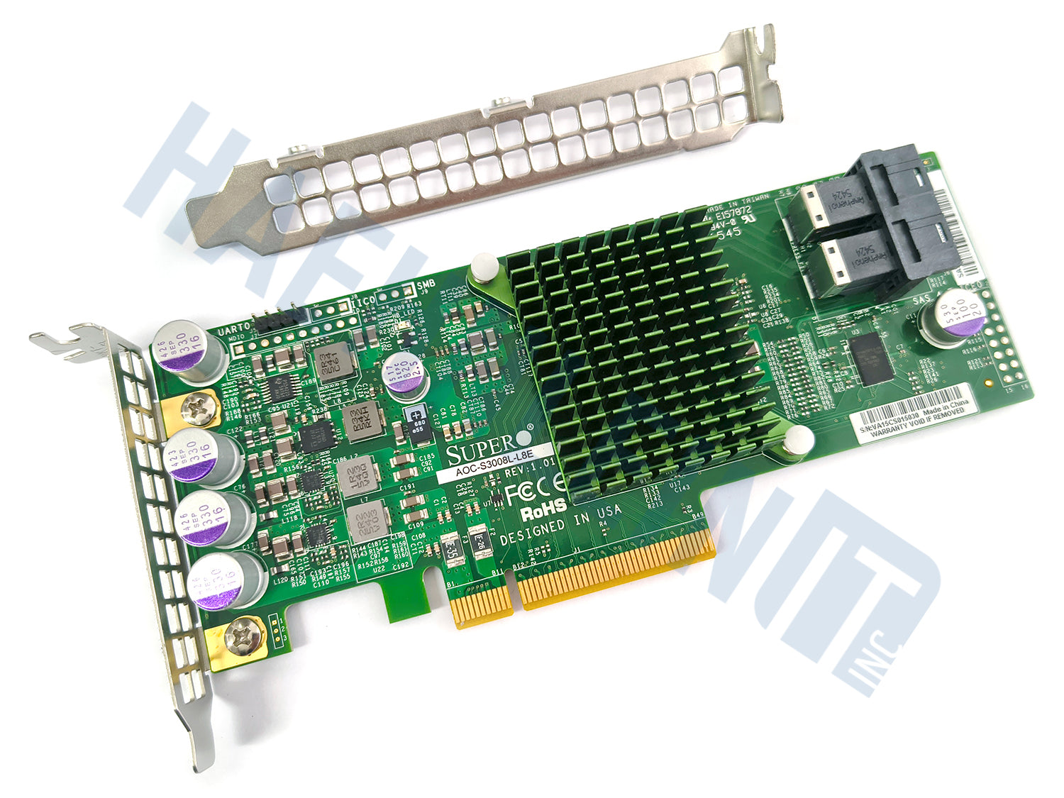 A green Supermicro AOC-S3008L-L8E PCI Express network card with a large heat sink, multiple capacitors, and a metal bracket, shown alongside a matching empty bracket on a white background with a faint HaehnleinIT Inc watermark.