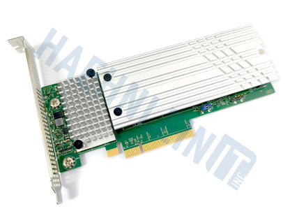 A Supermicro AOC-SLG4-2H8M2 RAID controller with a large silver heatsink, green circuit board, and gold PCI Express connector, shown on a white background with a faint HaehnleinIT Inc watermark.