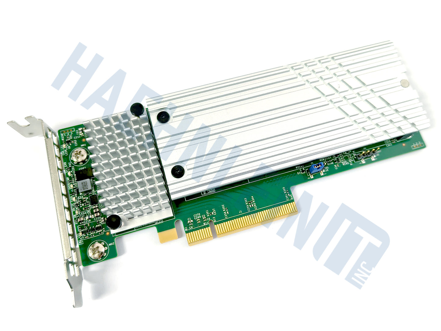 A Supermicro AOC-SLG4-2H8M2 RAID controller with a large silver heatsink, green circuit board, and gold PCI Express connector, shown on a white background with a faint HaehnleinIT Inc watermark.