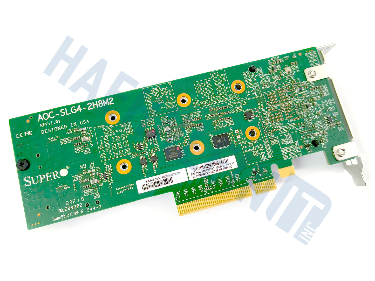 The backside of a Supermicro AOC-SLG4-2H8M2 RAID controller: a green circuit board, and gold PCI Express connector, shown on a white background with a faint HaehnleinIT Inc watermark.
