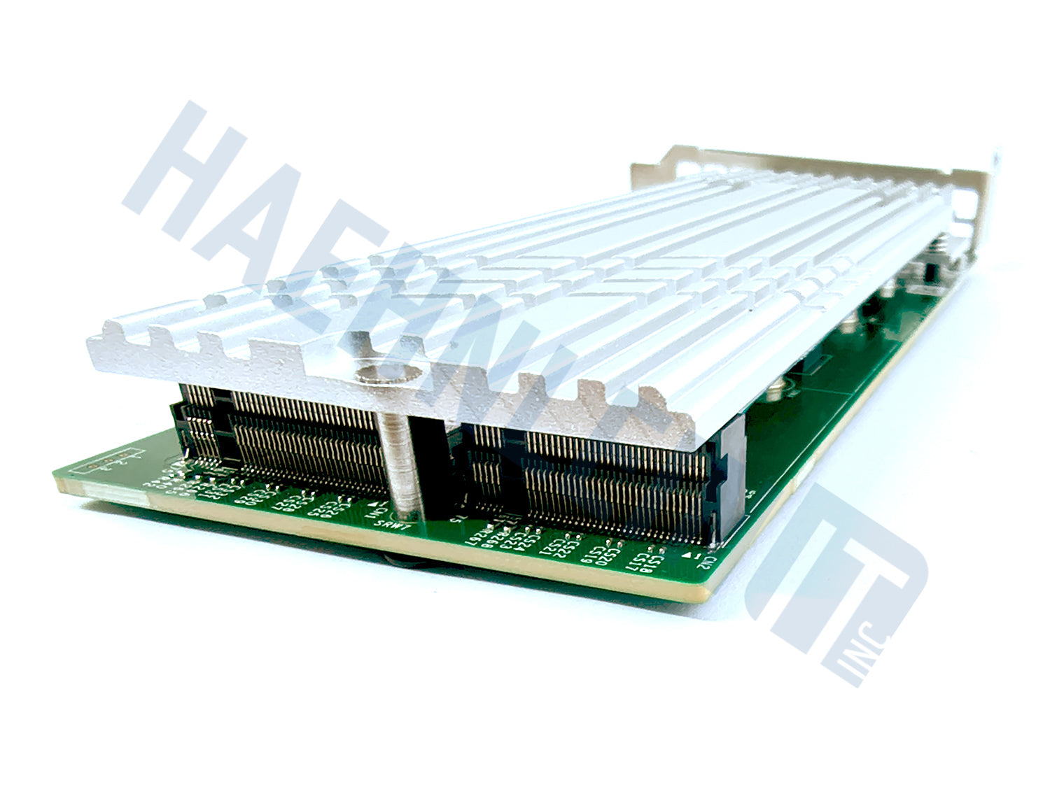 A Supermicro AOC-SLG4-2H8M2 RAID controller with a large silver heatsink, close up of 2 m.2 ports, shown on a white background with a faint HaehnleinIT Inc watermark.