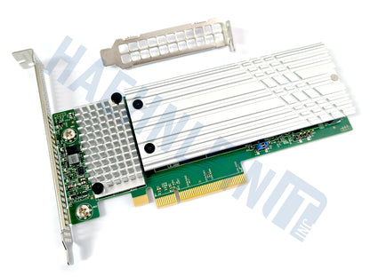 A Supermicro AOC-SLG4-2H8M2 RAID controller with a large silver heatsink, green circuit board, and gold PCI Express connector, shown on a white background with a faint HaehnleinIT Inc watermark.