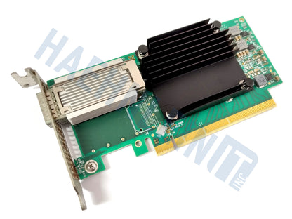 A Mellanox CX555A, a green network card with a black heatsink, silver metal bracket, and gold PCIe connector, shown on a white background with a faint HaehnleinIT Inc watermark.