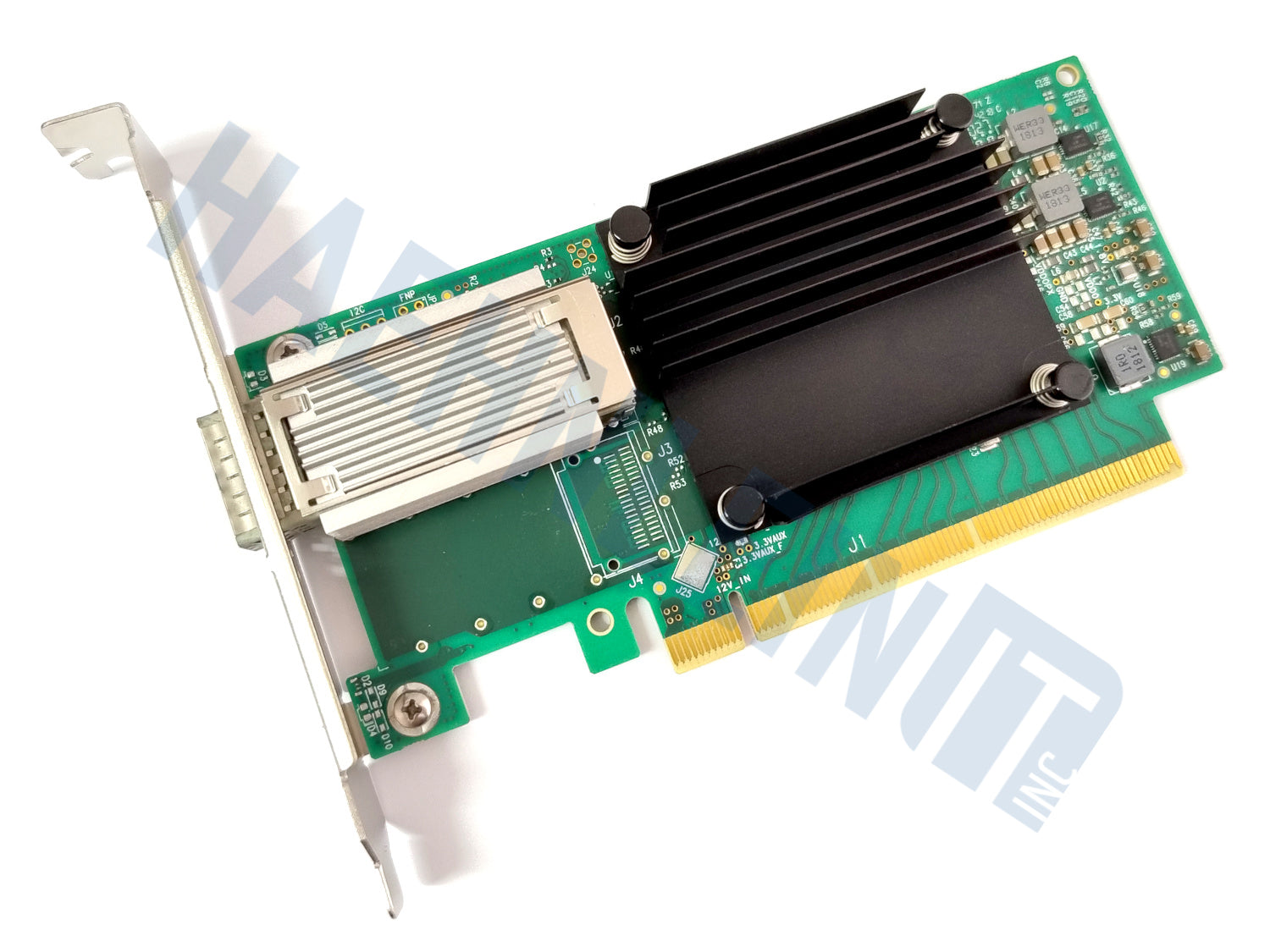 A Mellanox CX555A, a green network card with a black heatsink, silver metal bracket, and gold PCIe connector, shown on a white background with a faint HaehnleinIT Inc watermark.
