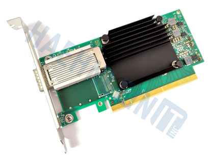 A Mellanox CX555A, a green network card with a black heatsink, silver metal bracket, and gold PCIe connector, shown on a white background with a faint HaehnleinIT Inc watermark.