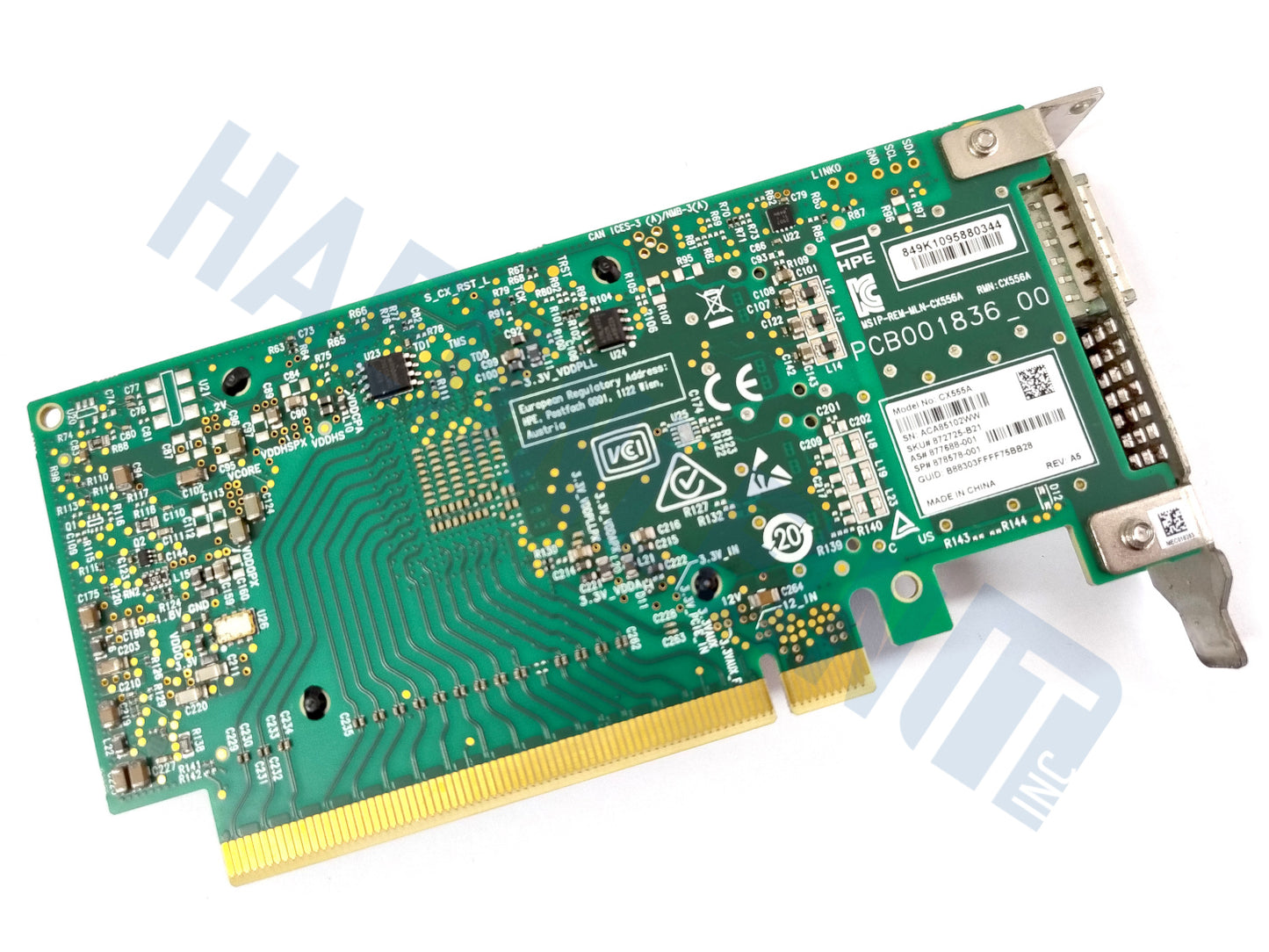 The backside of a Mellanox CX555A network adapter: A green printed circuit board (PCB) card with a gold PCI connector at the bottom and various electronic components, labels, and metal connectors on the right side, shown on a white background with a faint HaehnleinIT Inc watermark.