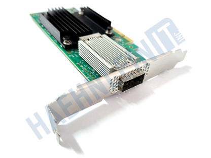 A Mellanox CX555A, a green network card with a black heatsink, silver metal bracket, and gold PCIe connector, close up of the QSFP28 port, shown on a white background with a faint HaehnleinIT Inc watermark.