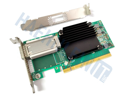 A Mellanox CX555A, a green network card with a black heatsink, silver metal bracket, and gold PCIe connector, shown on a white background with a faint HaehnleinIT Inc watermark.