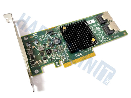 An HP H220 host bus adapter with a large black heatsink, gold PCIe connector, and two ports, shown on a white background with a faint watermark.
