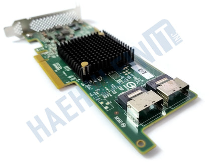 An HP H220 host bus adapter with a large black heatsink, and a metal PCIe connector, close up of the two ports, shown on a white background with a faint watermark.
