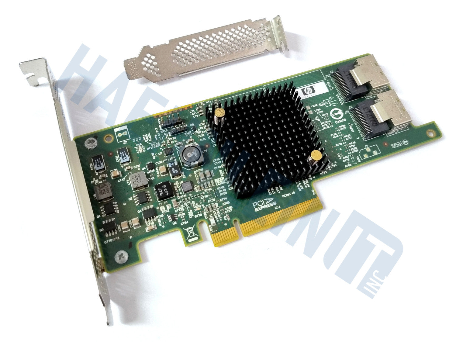 An HP H220 host bus adapter with a large black heatsink, two ports, gold PCIe connector, and silver metal bracket, shown on a white background with a faint watermark.