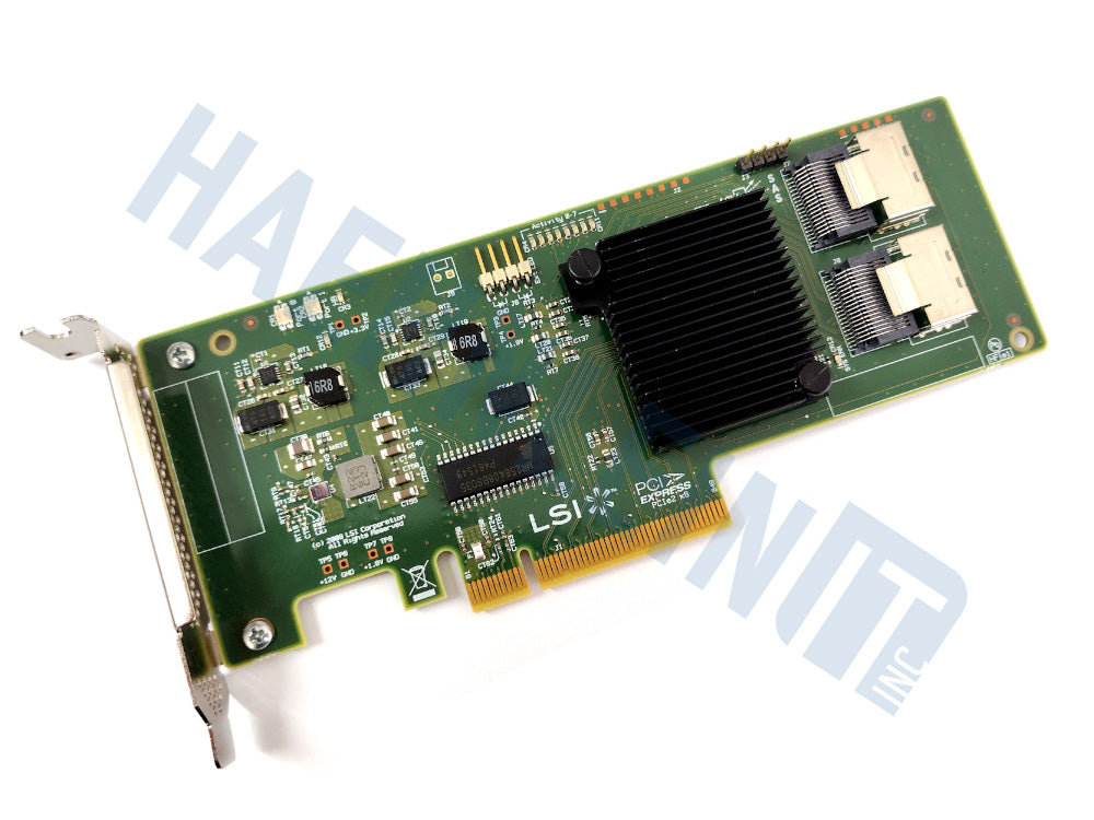 LSI 9211-8i host bus adapter with a green PCB, black heatsink, dual ports, and a gold PCI connector, shown on a white background with a faint watermark.