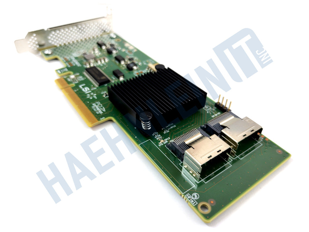 LSI 9211-8i host bus adapter with two ports, a black heatsink, and a gold-plated PCIe connector, shown on a white background with a faint watermark.
