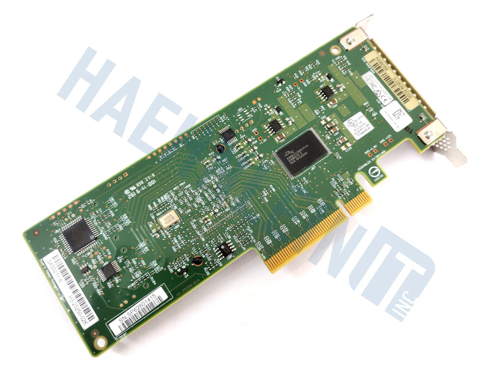 Backside of a LSI 9211-8i host bus adapter: A green printed circuit board card with gold PCI connector and various electronic components, photographed on a white background with a faint watermark.