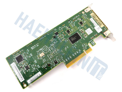 Backside of a LSI 9211-8i host bus adapter: A green printed circuit board card with gold PCI connector and various electronic components, photographed on a white background with a faint watermark.