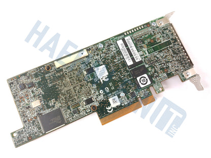 The backside of a Broadcom / LSI 9271-8i RAID controller: A green printed circuit board card with a gold PCI Express connector, various electronic chips, and white labels, shown on a white background with a faint HaehnleinIT Inc watermark.