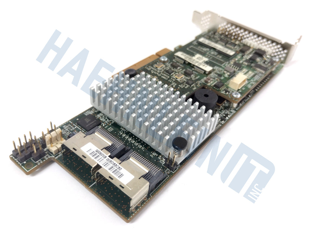 A Broadcom / LSI 9271-8i RAID controller with a silver heatsink, green circuit board, close up of two SFF-8087 ports, shown on a white background with a faint HaehnleinIT Inc watermark.