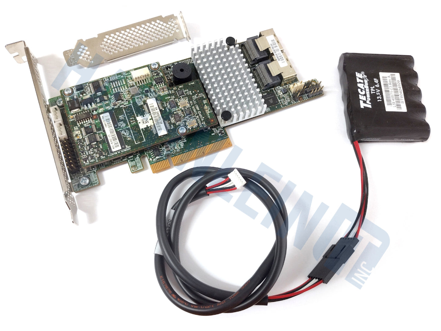 A Broadcom / LSI 9271-8i RAID controller with a silver heatsink, green circuit board, and a black CacheVault battery module, shown on a white background with a faint HaehnleinIT Inc watermark.