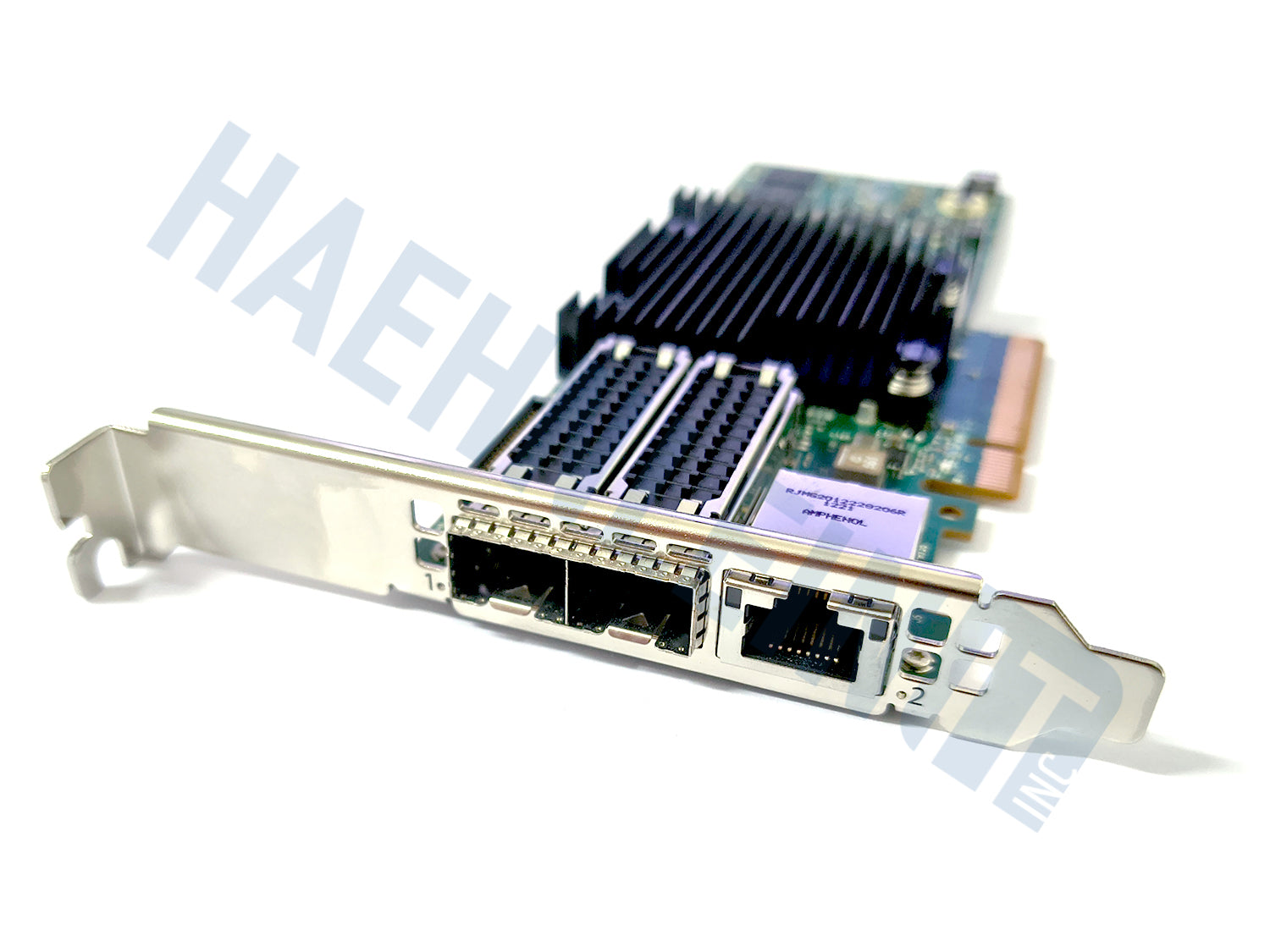 A NVIDIA Mellanox MBF2H332A-AECOT PCIe DPU SmartNIC with a green PCB, a large black heatsink, close-up of the dual SFP56 ports, and a full height slot bracket, shown on a white background with a faint HaehnleinIT Inc. watermark.
