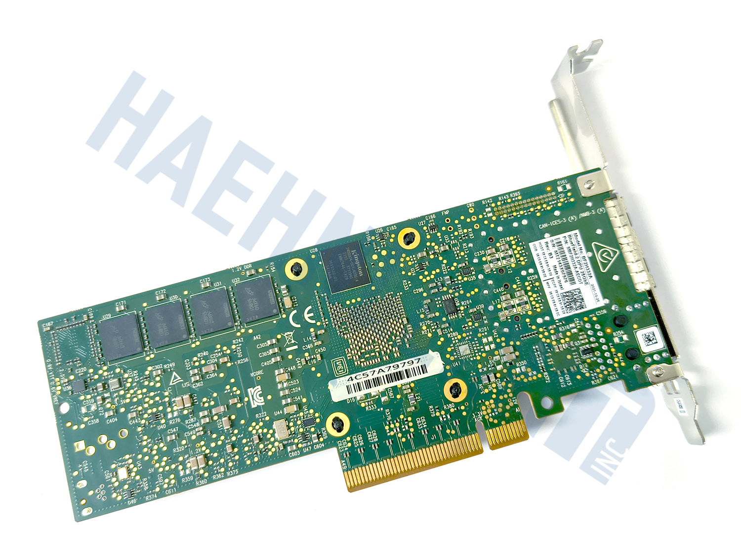 The backside of a NVIDIA Mellanox MBF2H332A-AECOT PCIe DPU SmartNIC with a green PCB, a full height slot bracket, shown on a white background with a faint HaehnleinIT Inc. watermark.
